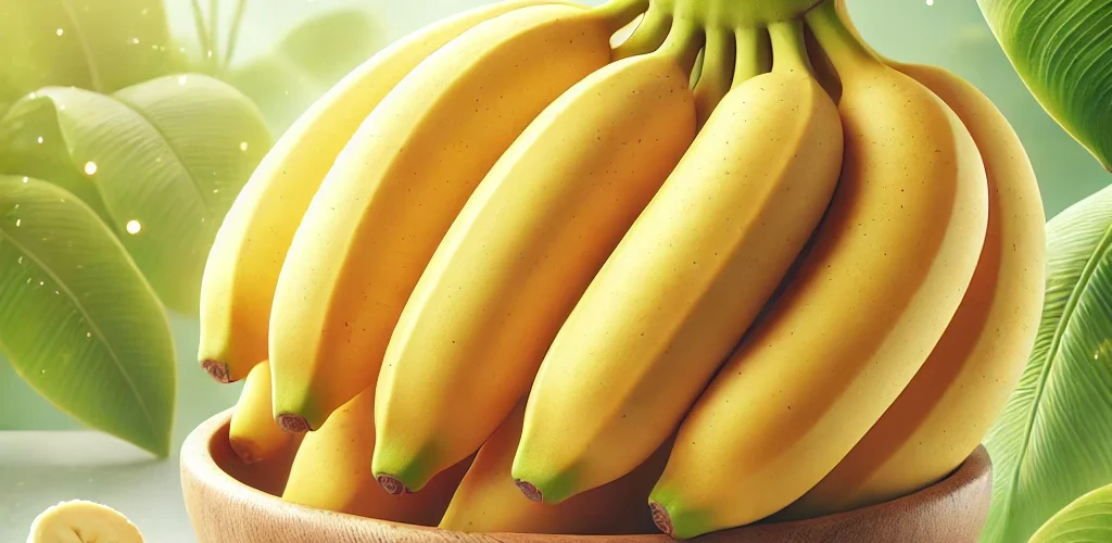 Fresh, ripe yellow bananas bunch against a white background, showcasing their perfect curved shape and vibrant color