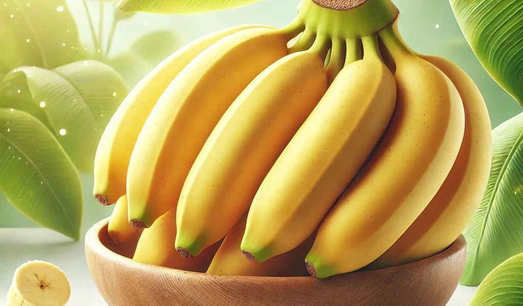 Fresh, ripe yellow bananas bunch against a white background, showcasing their perfect curved shape and vibrant color